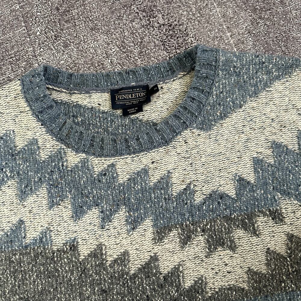 Men's Pendleton Blue White Tribal Aztec Print Chunky Knit Crewneck Sweater Sz M